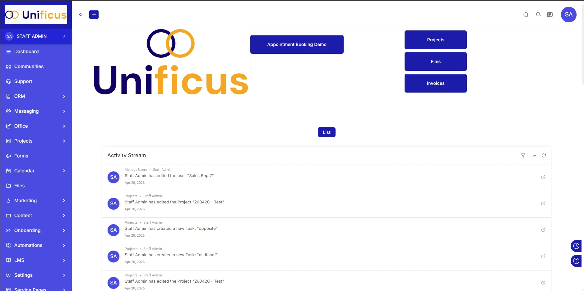 Unificus client portal dashboard